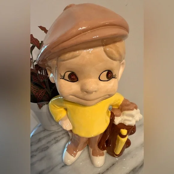 Vintage Golfer With Bag & Club 10” Ceramic Brown Hat Yellow Sweater No Chips - Picture 7 of 10